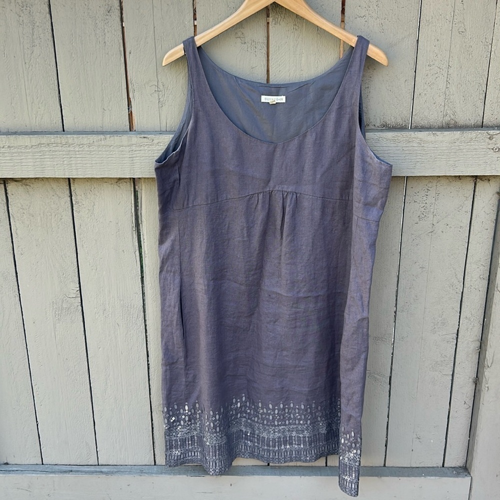 Eileen Fisher Organic Linen Shift Dress With Beading Details Size 14